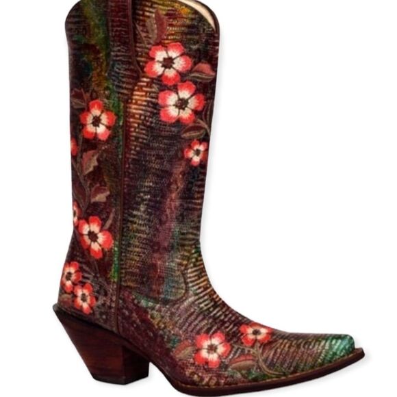 Textured Floral Embroidered Leather Western Cowboy Boots Durango NEW